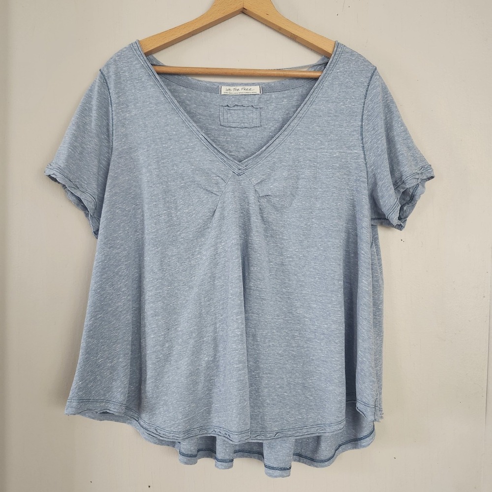 We The Free Womens Size XS Heathered Blue Oversized V Neck Top Shirt